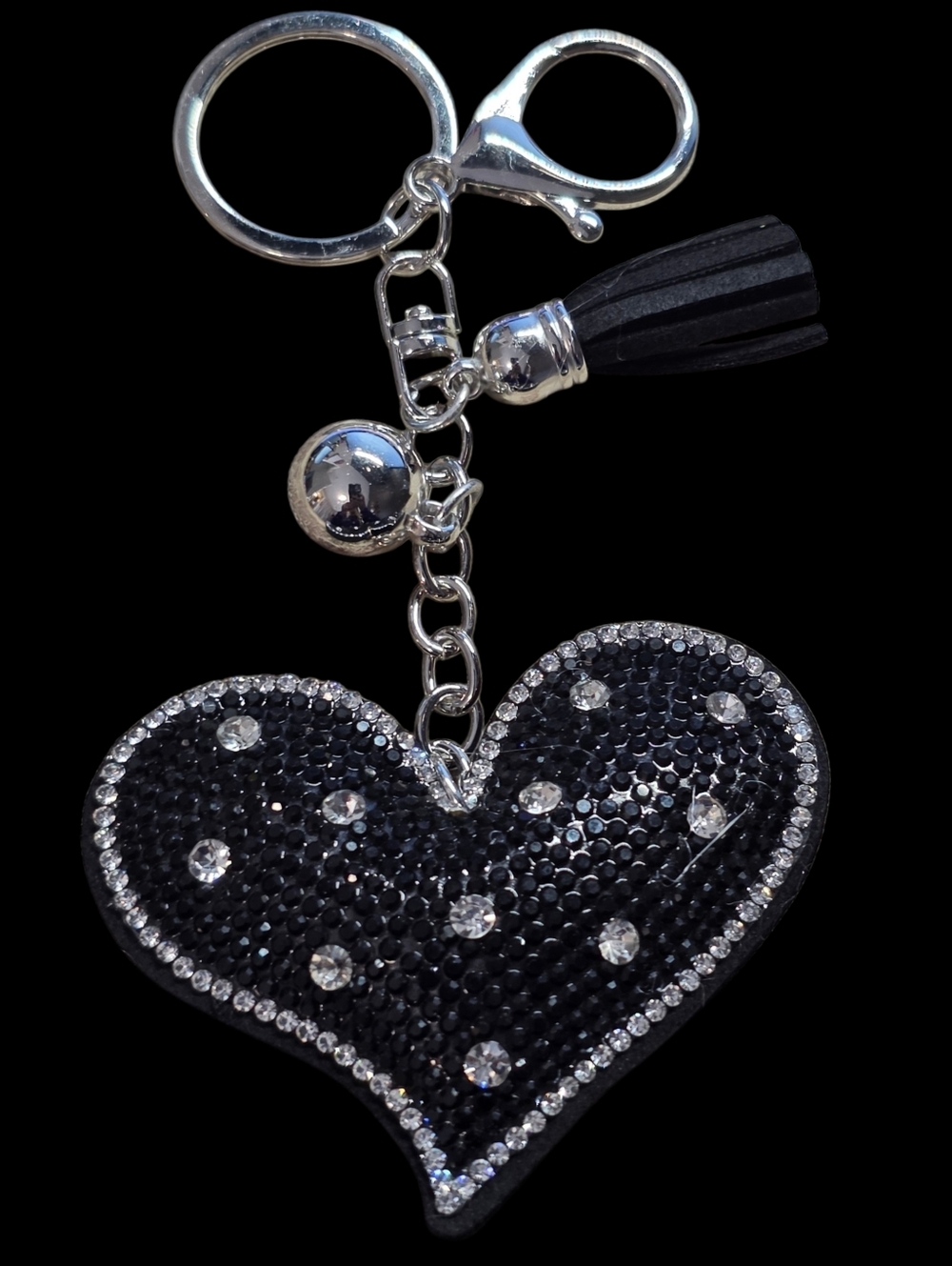 Black Crystal Heart Key & Bag Charm with Tassel